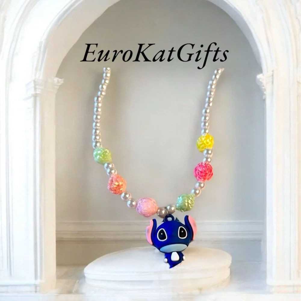 Disney Stitch Necklace Bracelet set Pearl and color beads Stitch pendant NEW